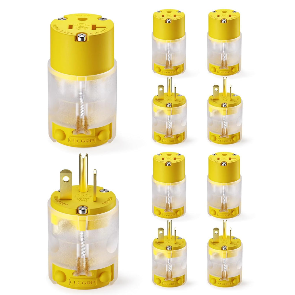 ELEGRP Lighted Straight Blade Electrical Plug and Connector Set 20 Amp 125 Volt NEMA 5-20P NEMA 5-20R 2 Pole 3 Wire Grounding, Commercial Grade, Yellow, 5 Set
