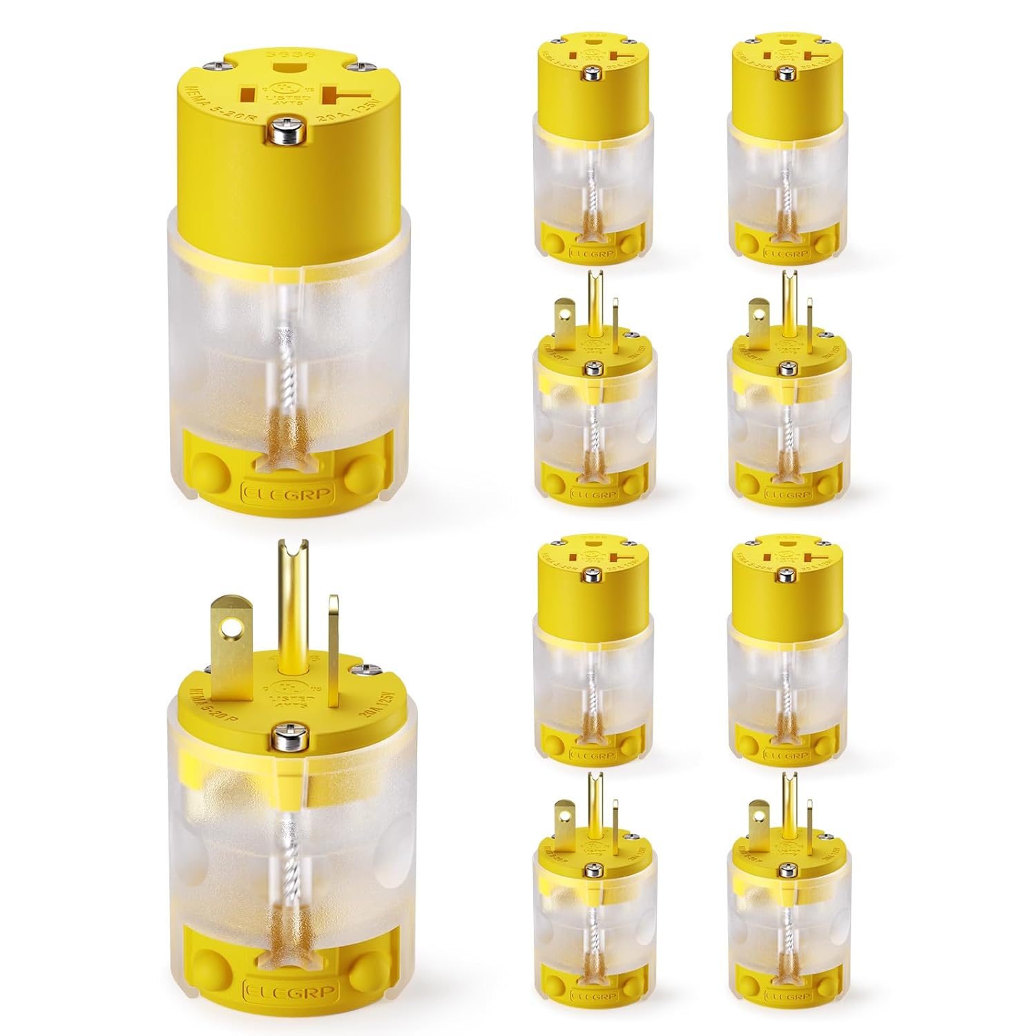 ELEGRP Lighted Straight Blade Electrical Plug and Connector Set 20 Amp 125 Volt NEMA 5-20P NEMA 5-20R 2 Pole 3 Wire Grounding, Commercial Grade, Yellow, 5 Set