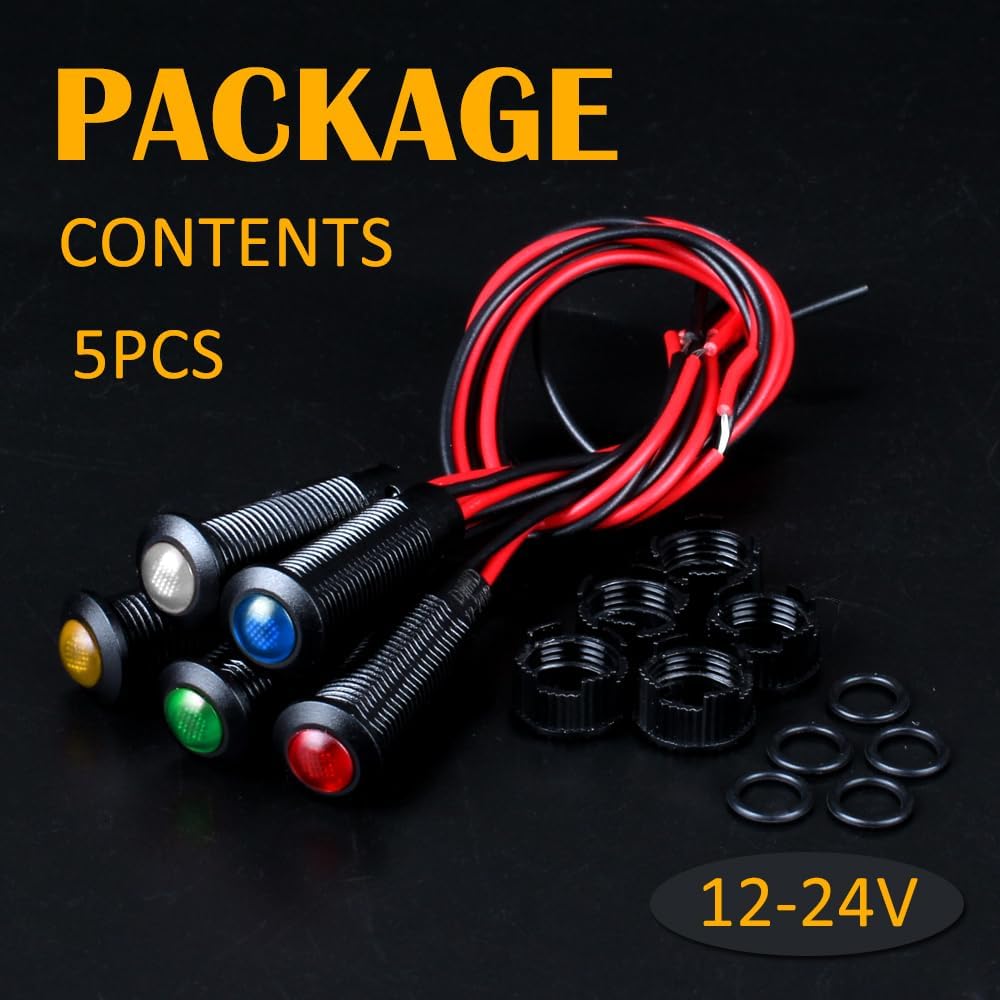 5pcs 8mm LED Indicator Light Plastic Black Signal Dot Lamp 12V-24V 5/16" Mounting Hole Size with 15cm/5.9in. Wire (Mix:Red White Yellow Blue Green)