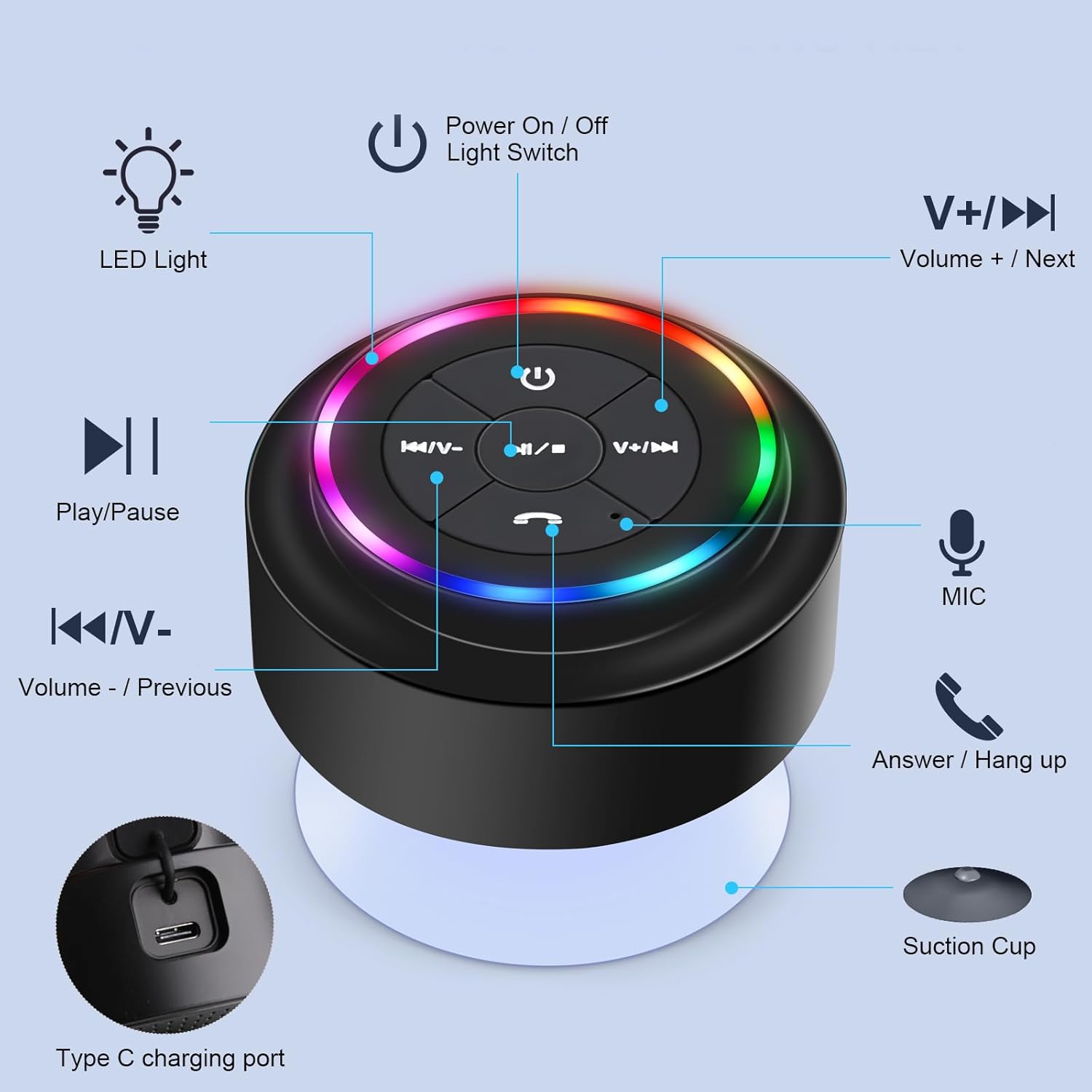 Shower Speaker Bluetooth Waterproof, Mini Portable Wireless Speaker with LED Lights, Suction Cup, Floating,Crystal Sound, for Bathroom Travel Beach Pool, Ideal Electronic Gifts