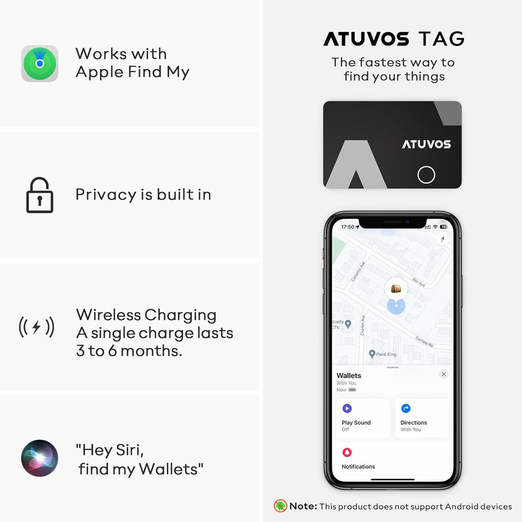 ATUVOS Rechargeable Wallet Tracker Card, Slim 1.6mm Smart Air Tag Card Works with Apple Find My (iOS Only), Bleuooth Item Locator for Purse/Luggage/Bags/Passpoart, IP67 Waterproof, Wireless Charging