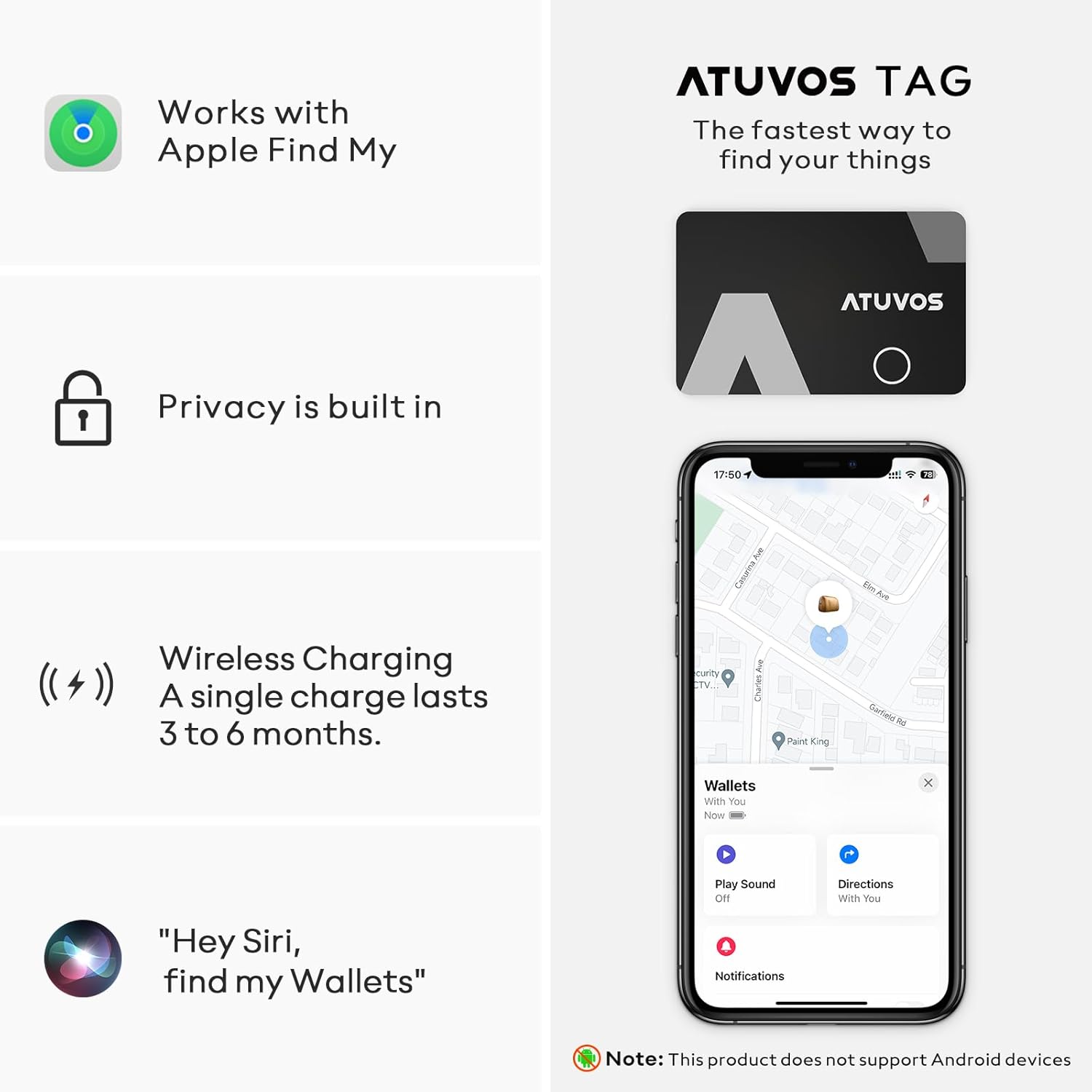 ATUVOS Rechargeable Wallet Tracker Card, Slim 1.6mm Smart Air Tag Card Works with Apple Find My (iOS Only), Bleuooth Item Locator for Purse/Luggage/Bags/Passpoart, IP67 Waterproof, Wireless Charging