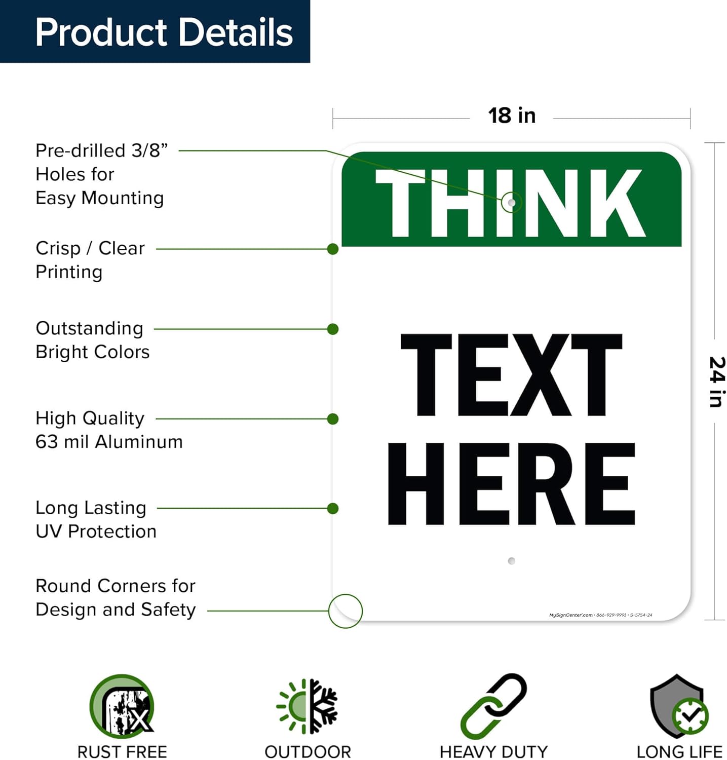 Custom Think Sign, OSHA Sign, 18x24 Inches, Rust Free .063 Aluminum, Fade Resistant, Made in USA by My Sign Center
