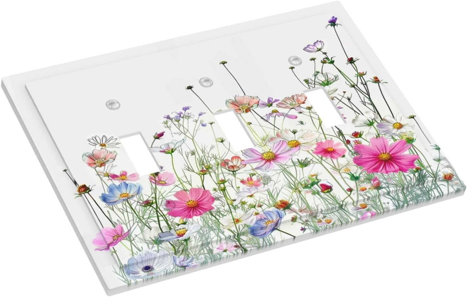 Decorative Switch Plates Boho Colorful Flowering Plant Wild Flower 3 Gang Wall Plate Triple Toggle Light Switch Cover Faceplate Electrical Wall Panels For Bed Room Living Room Decor