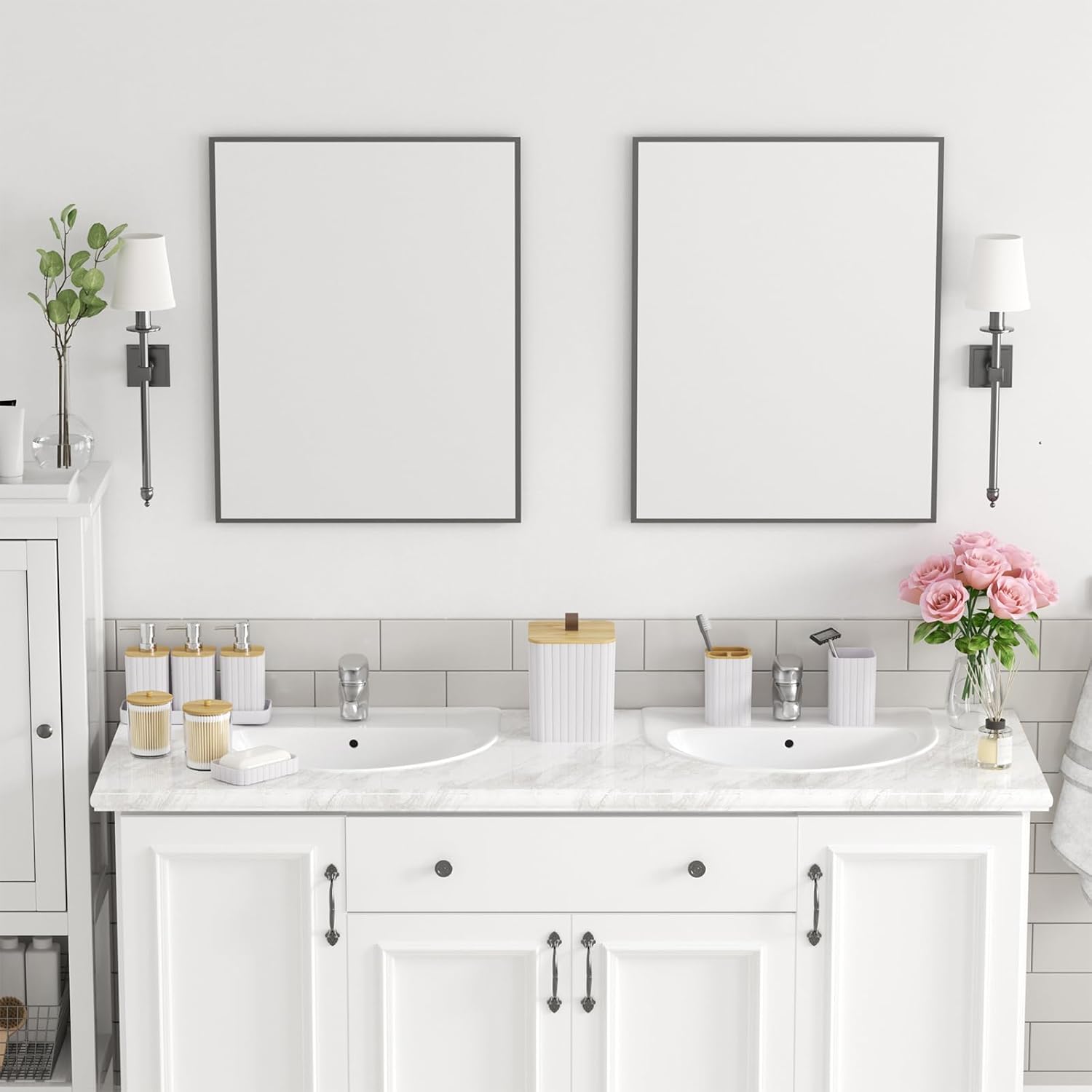 Bathroom Accessory Set - White Bathroom Set, 12PC Bathroom Accessories Set, White Bathroom Accessories Set, Mini Trash Can, Toilet Brush, Trash Can & Soap Dispenser