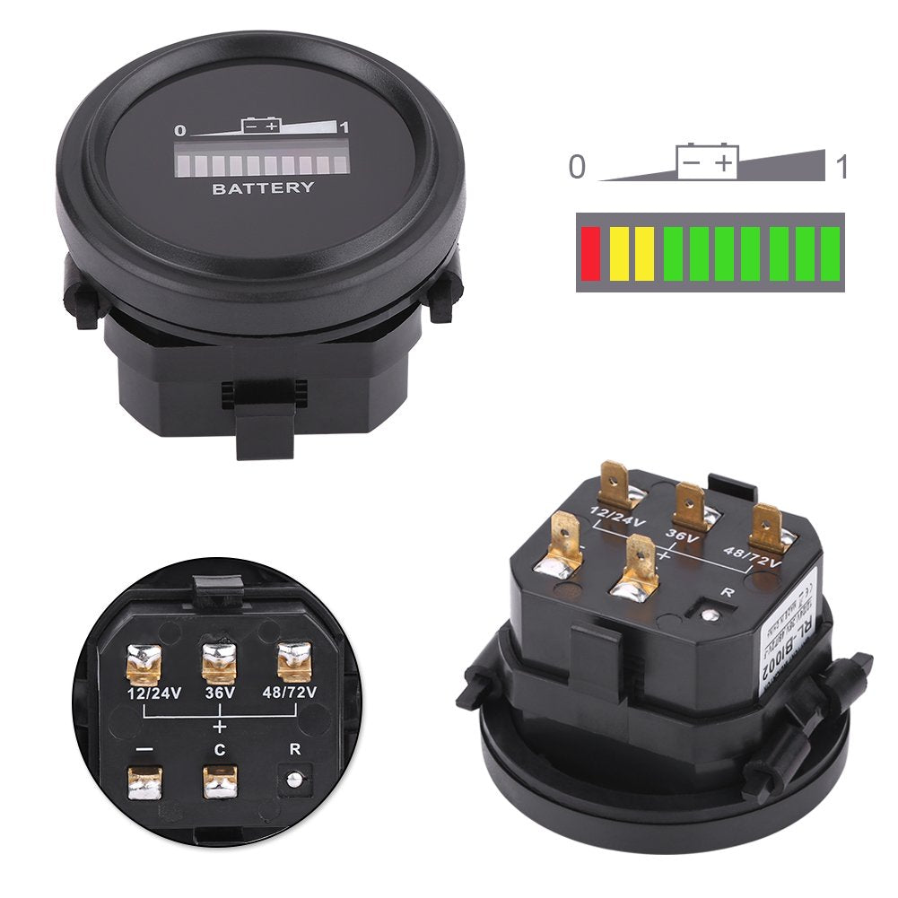 Estink LED Battery Indicator Meter, 12V/24V/36V/48V/72V Cart Battery Indicator, Round Status Indicator for Cart