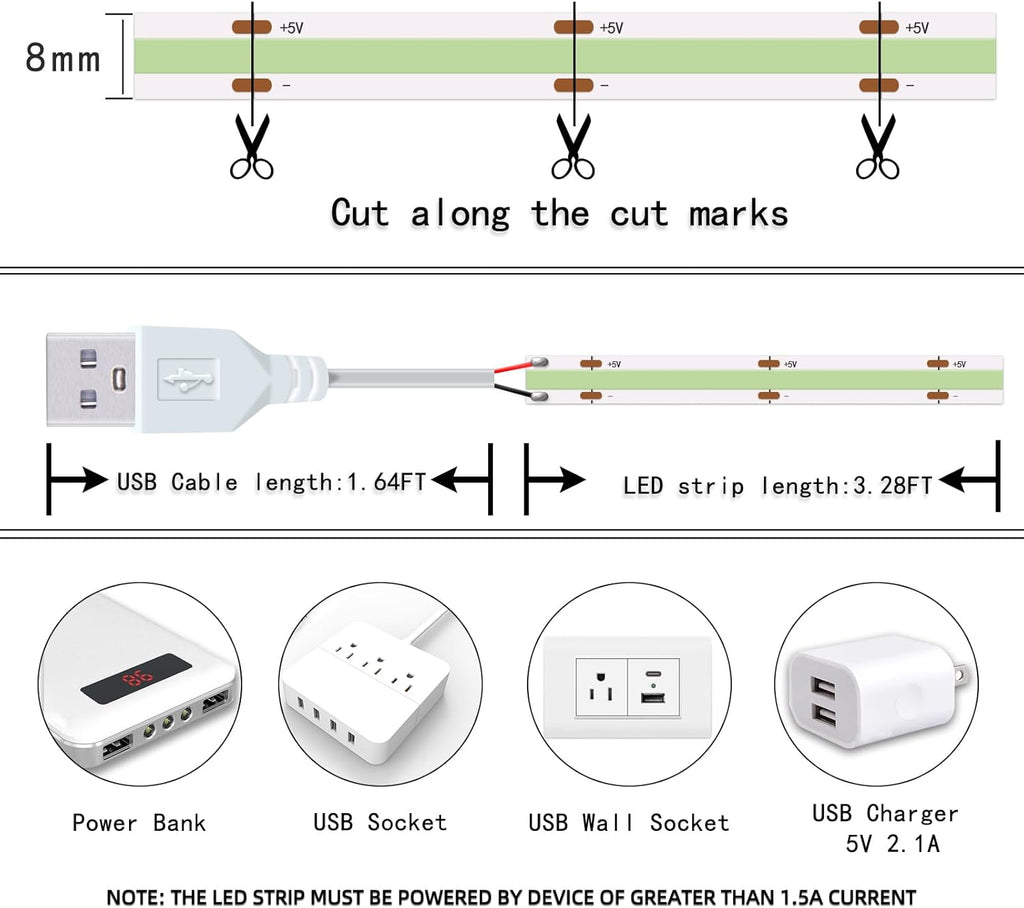 LED Strip Lights ICE Blue COB 320 LEDs High Brightness Indoor Use Flexible Thin LED Lights for Home DIY Display Cabinet 5V USB LED Short Light, Commercial Decoration TV Lights (3.28FT/3Pack)
