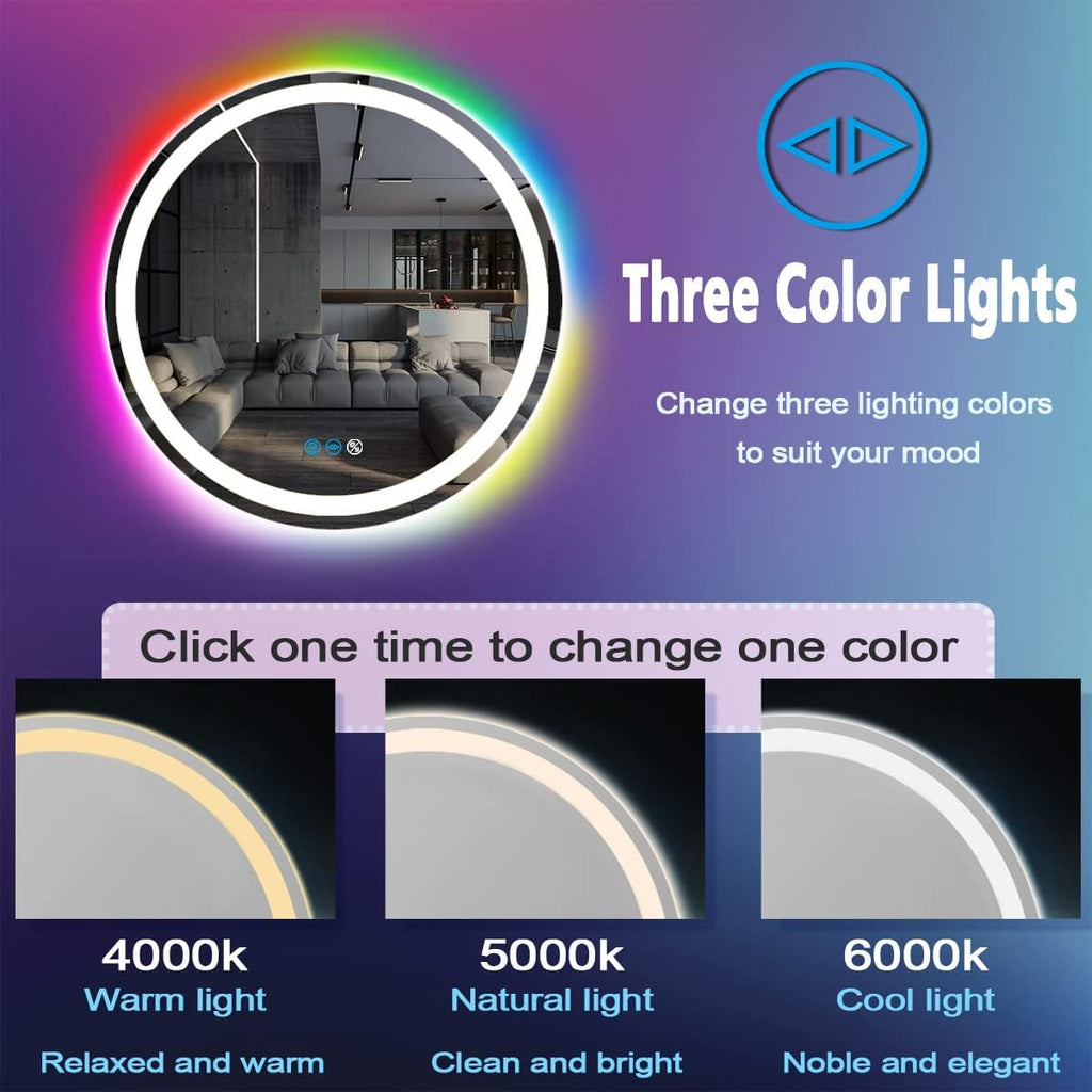 24 Inch Round LED Bathroom Mirror with Lights 3 Color+ Rainbow RGB 7 Color Changing Backlit Round Lighted Mirror for Bathroom Wall AntiFog 24 Mood Change Light RGB Smart Circle Round LED Mirror