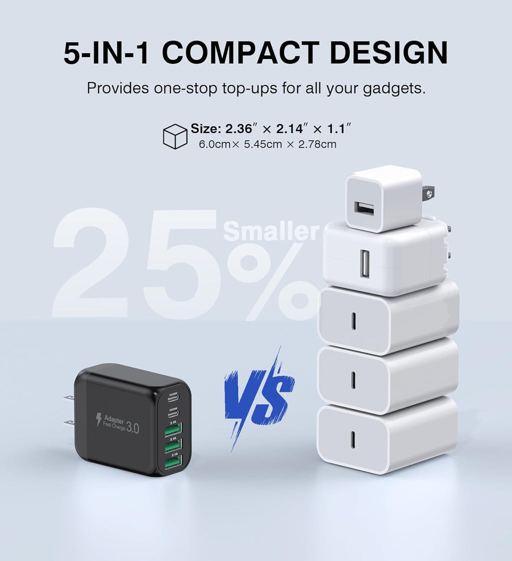 [2-Pack]60W USB C Wall Charger Block, 5-Port C Charger Fast Charging Block PD Power Adapter +QC 3.0 Multiport Type C Box Brick Cube USB A Wall Plug for iPhone 14/15/16/17 Pro Max,Samsung Galaxy(Black)