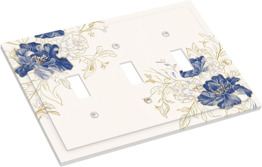 Decorative Light Switch Cover Plate Rustic Blue Flower Floral Gold Leaf 3 Gang Wall Plates for Electrical Outlets Triple Toggle Switch Plate Covers Outlet Covers Faceplate for Home Decor
