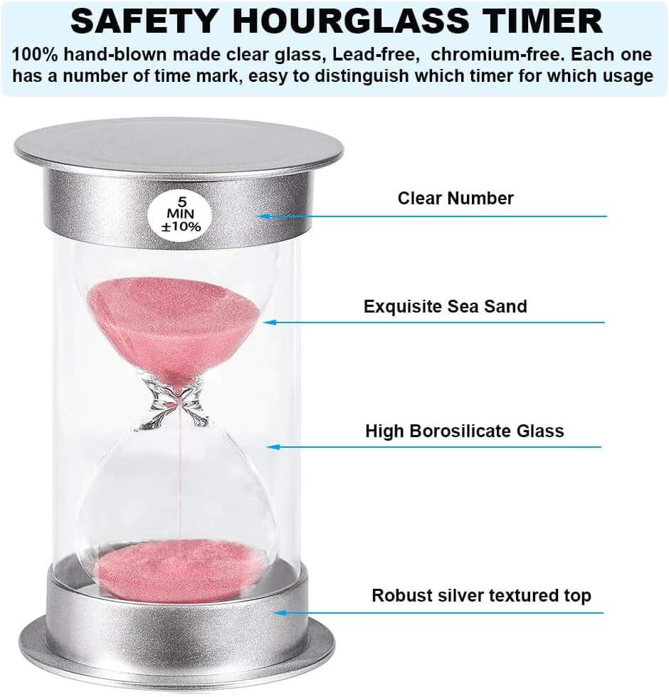 Hourglass Sand Timer 5 Minute: Silver Plastic Sand Clock 5 Minutes, Hour Glass Sandglass Timer for Kids, Games, Classroom, Kitchen, Decoration (5 Min, Pink Sand)