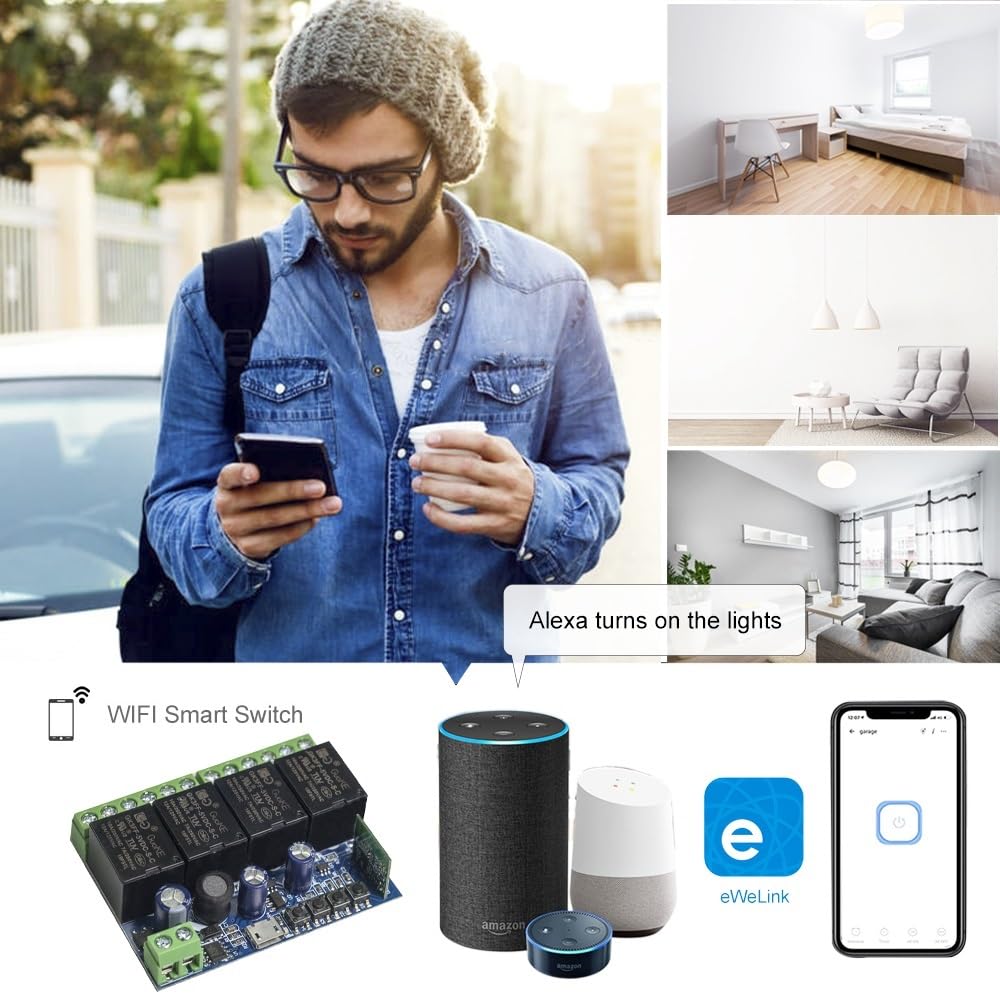 Ewelink WiFi Wireless Smart Relay Module USB 5v 4 Channel Inching Self-Lock Latched Dry Contact Remote Switch for Access Control, Garage Door,Home Automation, Compatible with Alexa Google Home