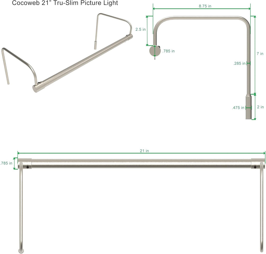 Cocoweb 21 Inch Tru-Slim Satin Nickel Picture Light - LED, 2700K, Adjustable Arm, Plug-in, Toggle Switch, Sleek and Compact Design