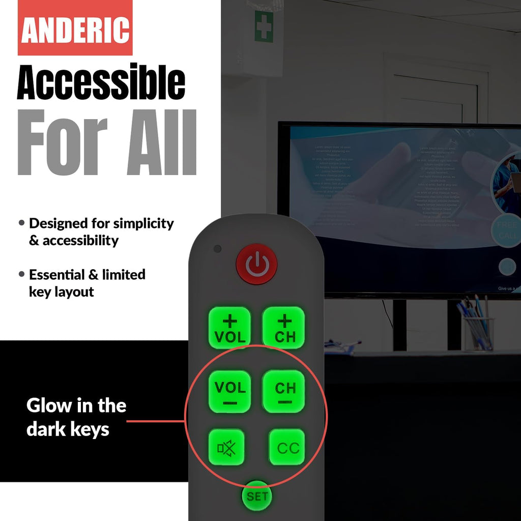 [10 Pack] Anderic Easy Big Button Universal TV Remote Control. Easy to Use, Learning, Glow Keys - Television & Cable Box Controller, Perfect for Assisted Living Elderly Care - White - RR1004