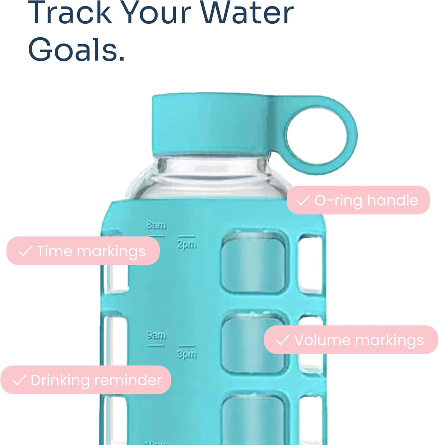 purifyou 40oz / 32oz / 22oz / 12oz Borosilicate Glass Water Bottle with Time & Volume Markers, Silicone Sleeve, Stainless Steel Lid | Reusable Glass Bottle for Water & Juice (32oz Aqua Blue)
