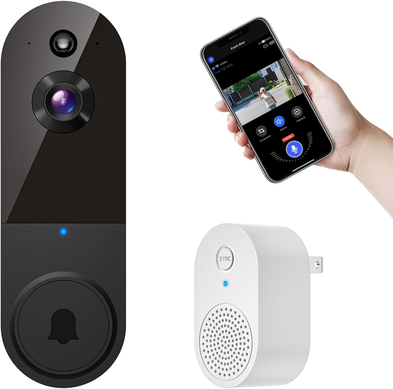 1080p Wireless Video Doorbell Camera with Indoor Receiver, AI Human Detection, 2-Way Audio, Night Vision, Cloud Storage, Real-Time Alerts, Smart Home Protection (Black)
