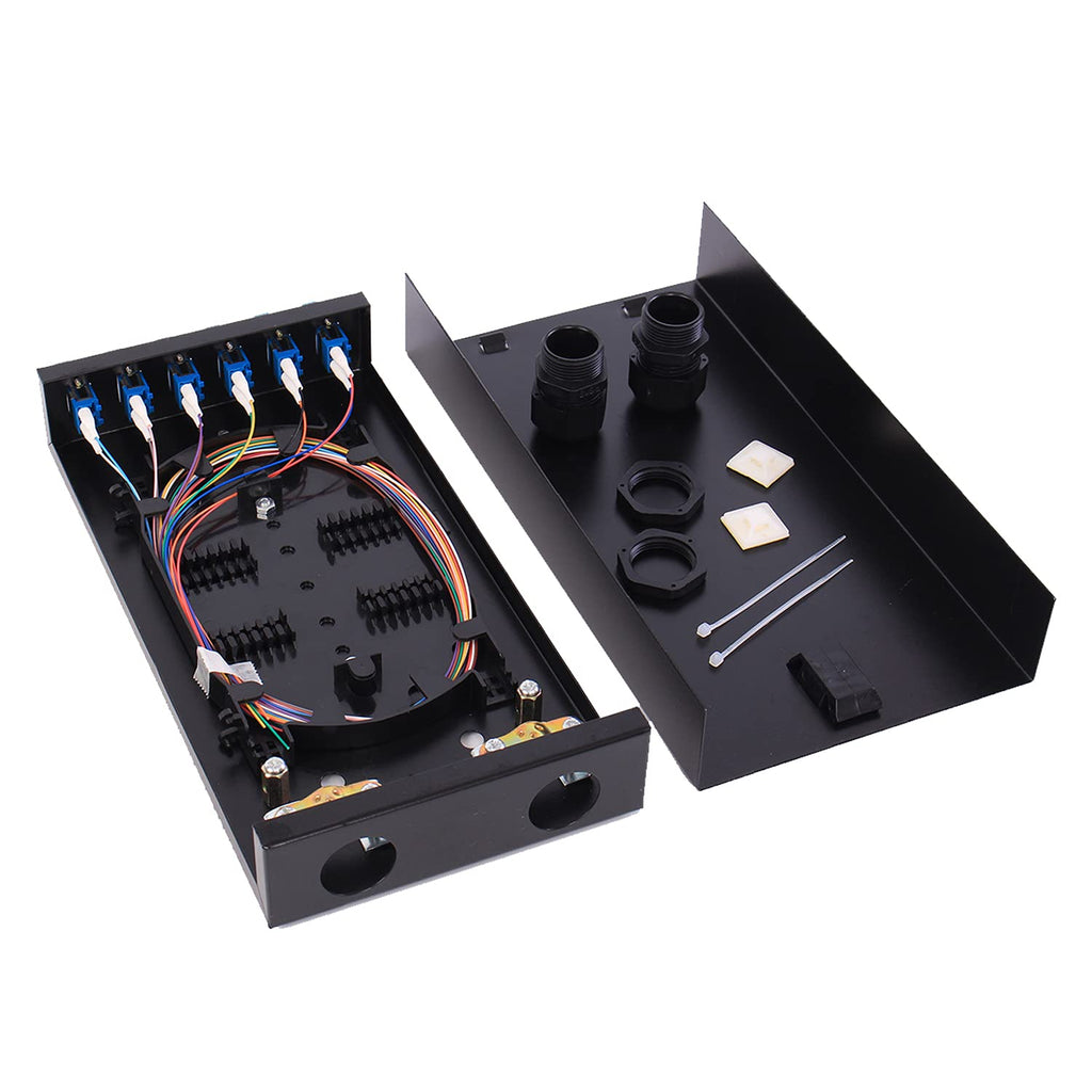 VFLTOOL LC-SM 6 Duplex Box Cables 12 Port Wall Mount Fiber Enclosure With Spool Singlemode OS1 Kit - Includes 1 Meter 12 Strand UPC Pigtail and 6 Port Duplex LGX Loaded Panel