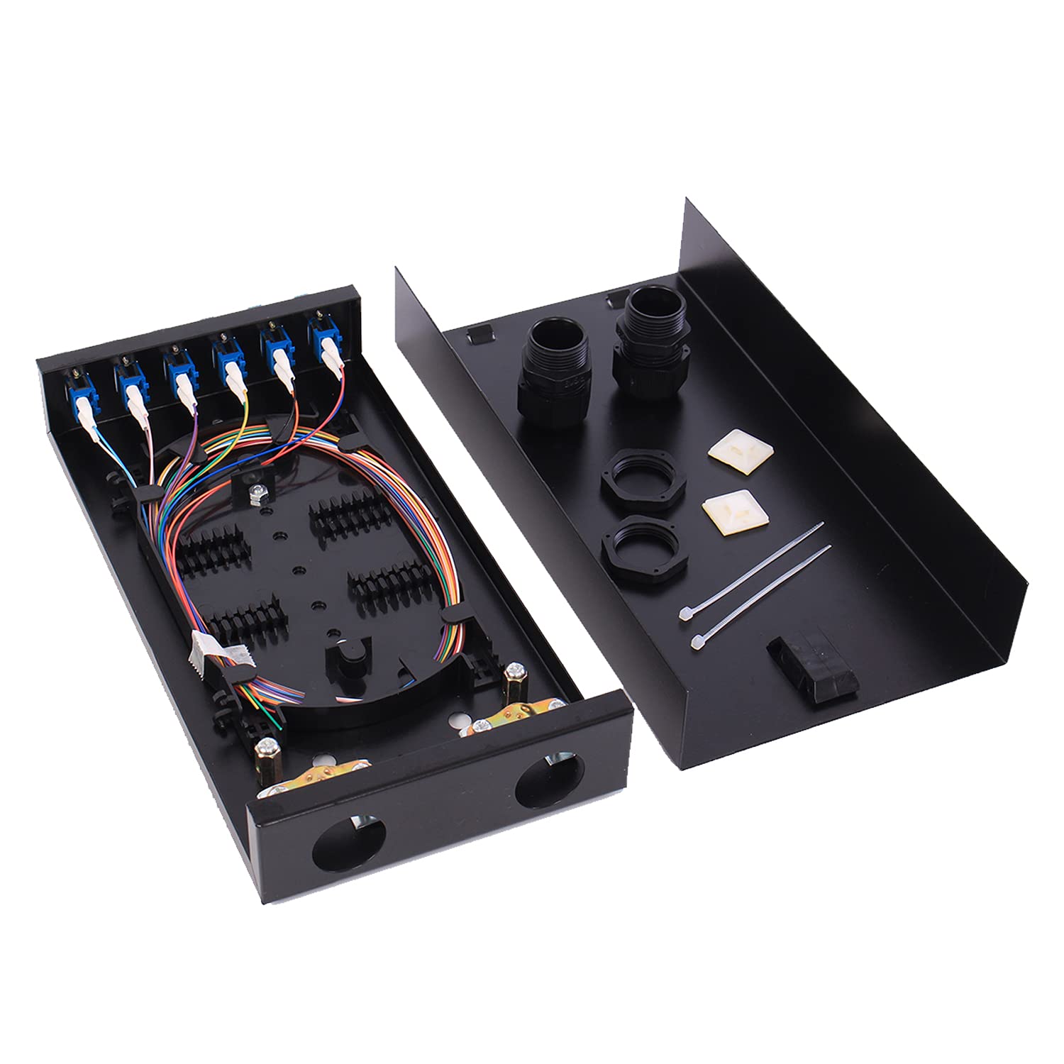 VFLTOOL LC-SM 6 Duplex Box Cables 12 Port Wall Mount Fiber Enclosure With Spool Singlemode OS1 Kit - Includes 1 Meter 12 Strand UPC Pigtail and 6 Port Duplex LGX Loaded Panel