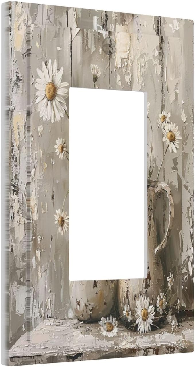 Decorative Outlet Covers Vintage Rustic Floral White Daisy Flower Oil Painting Style 1 Gang Single Rocker Light Switch Cover Plate Wall Plates GFCI Faceplate for Home Farmhouse Decor