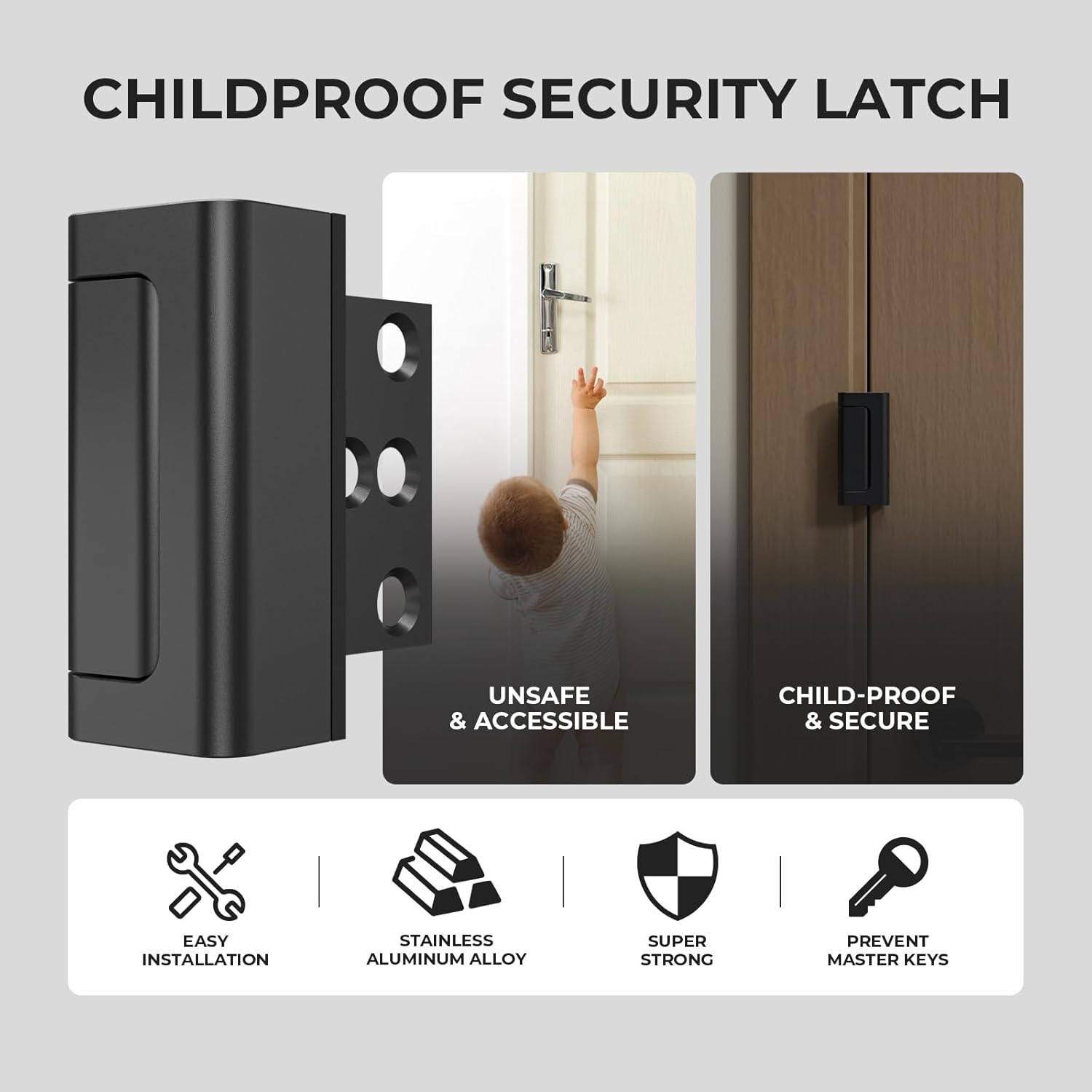 5Pack Home Security Door Reinforcement Lock Childproof, Door Locks for Kids Safety, Door Lock Latch Stopper for Front Door Inside Top of Door, Aluminum Construction Finish