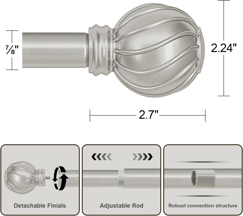 Silver Curtain Rods for Windows 48 to 84 Inch 7/8" Diamete Heavy Duty Adjustable Window Curtain Rod with Decorative Finials for Farmhouse Bedroom Living Room Kitchen Outdoor