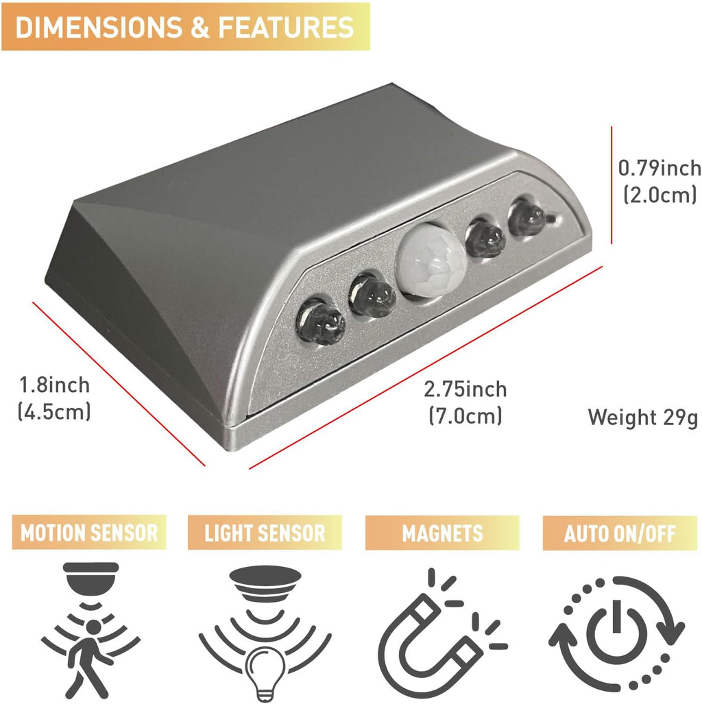 Silver Motion Sensor Night Light for Doors, Cabinets & Stairs | 3-Way Magnetic/Adhesive/Screw Mount | Auto On/Off in Darkness | Battery-Powered LED for Hallway & Keyhole
