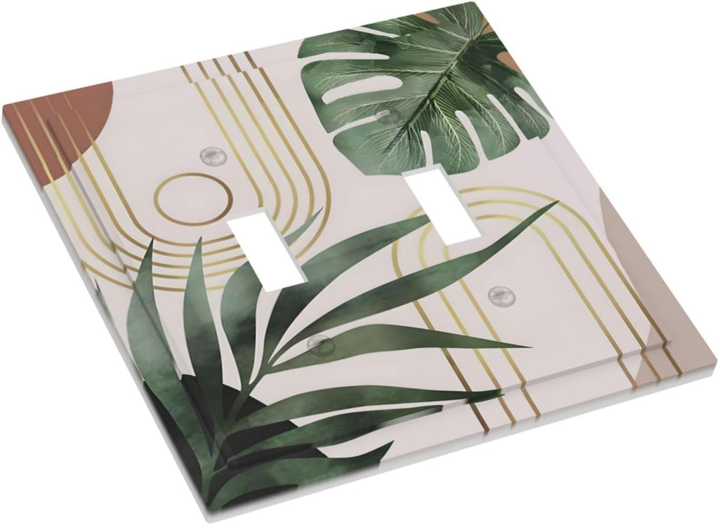 Decorative Light Switch Plate Covers Boho Mid Century Arch Green Leaves 2 Gang Light Switch Cover Plate Double Toggle Wall Plate Outlet Covers for Bedroom Home Decor（2 Pack）