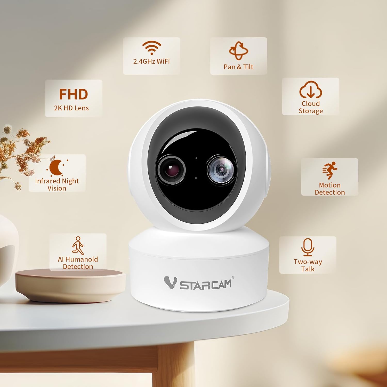 VSTARCAM Indoor Security Camera,2K HD 360° PTZ Dog Pet Camera with Phone APP, Night Vision, 2-Way Audio, Hybrid Zoom, 2.4G WiFi Dual Monitor, 7/24 Recording, Cloud/SD Card Storage (CS49D)