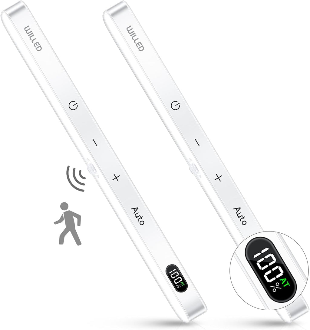 WILLED Under Cabinet Lights Rechargeable, Battery Display, 60 LED Touch Light Bar, Motion Sensor Light Indoor, Battery Operated Closet Light Wireless, Stick on Under Counter Lights for Kitchen(2 Pack)