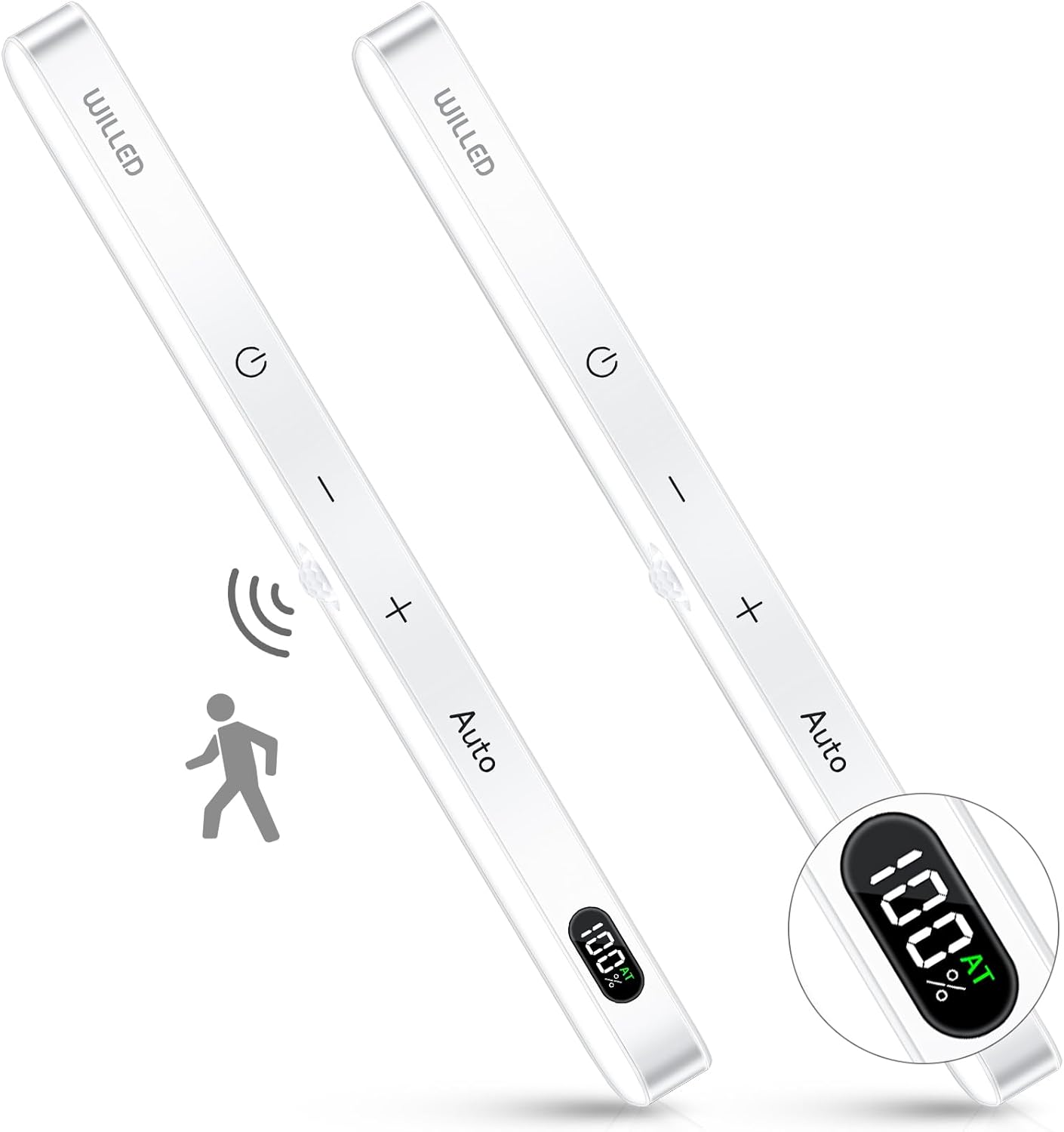 WILLED Under Cabinet Lights Rechargeable, Battery Display, 60 LED Touch Light Bar, Motion Sensor Light Indoor, Battery Operated Closet Light Wireless, Stick on Under Counter Lights for Kitchen(2 Pack)