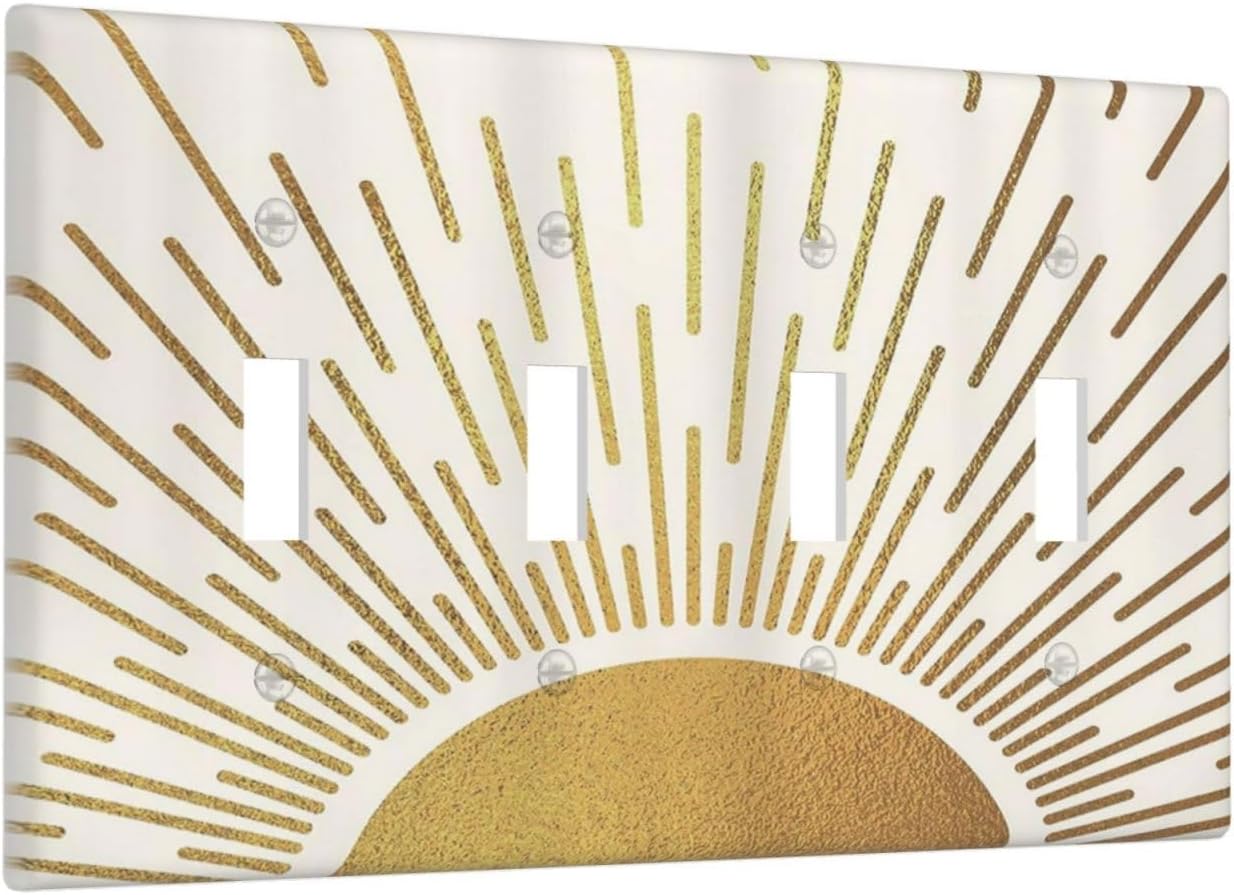 Decorative Light Switch Cover Plate Boho Mid Century Gold Sun Sunbeams 4 Gang Wall Plates for Electrical Outlets Quad Toggle Switch Plate Covers Outlet Covers Faceplate for Home Decor