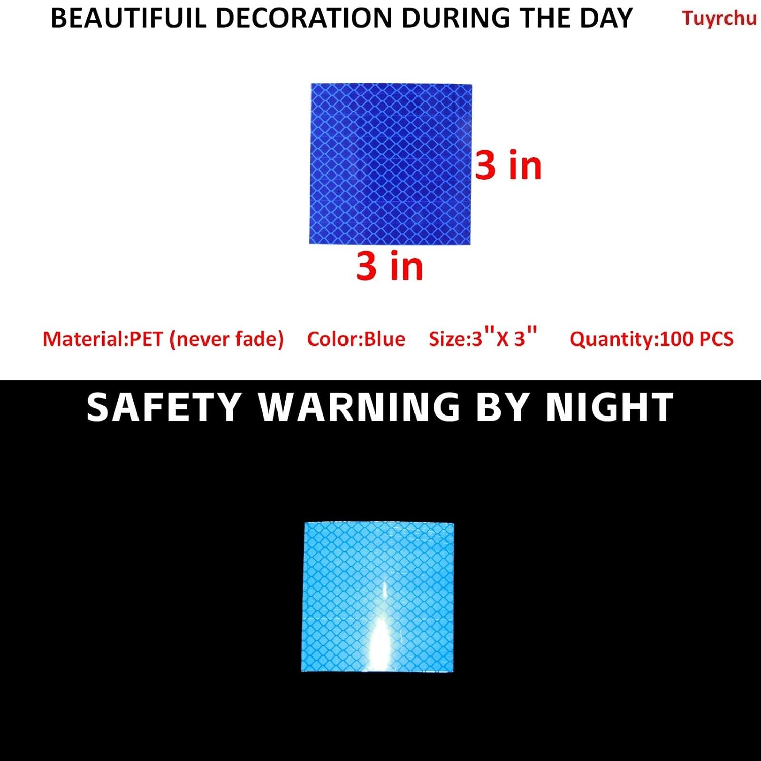 Non Fading Blue Reflective Stickers 3 inch X 3 inch, Outdoor Waterproof High Visibility Warning Safety Adhesive Reflector Tape (100 Pcs)