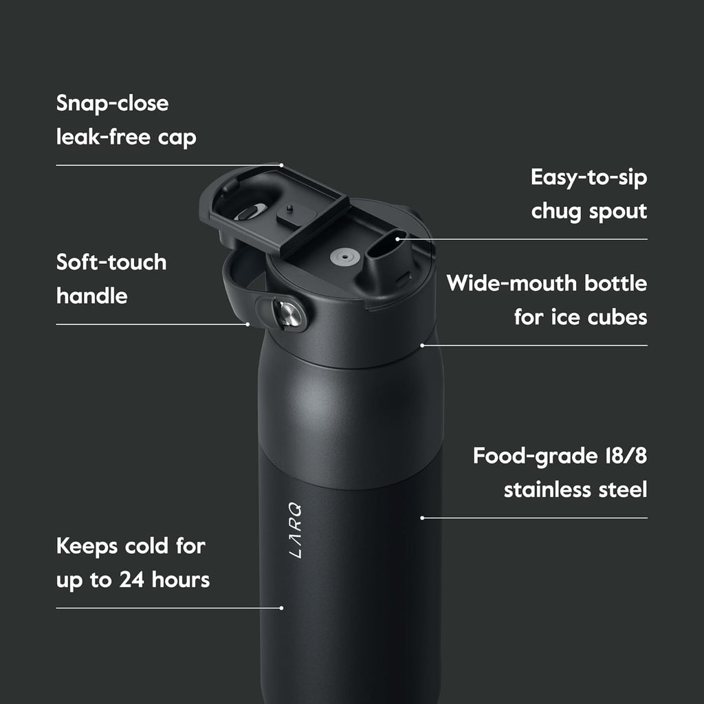 LARQ Bottle Swig Top 23oz - Insulated Stainless Steel Water Bottle With Built-In Silicone Handle | BPA Free | Reusable Water Bottle for Sports, Gym, and Travel, Obsidian Black