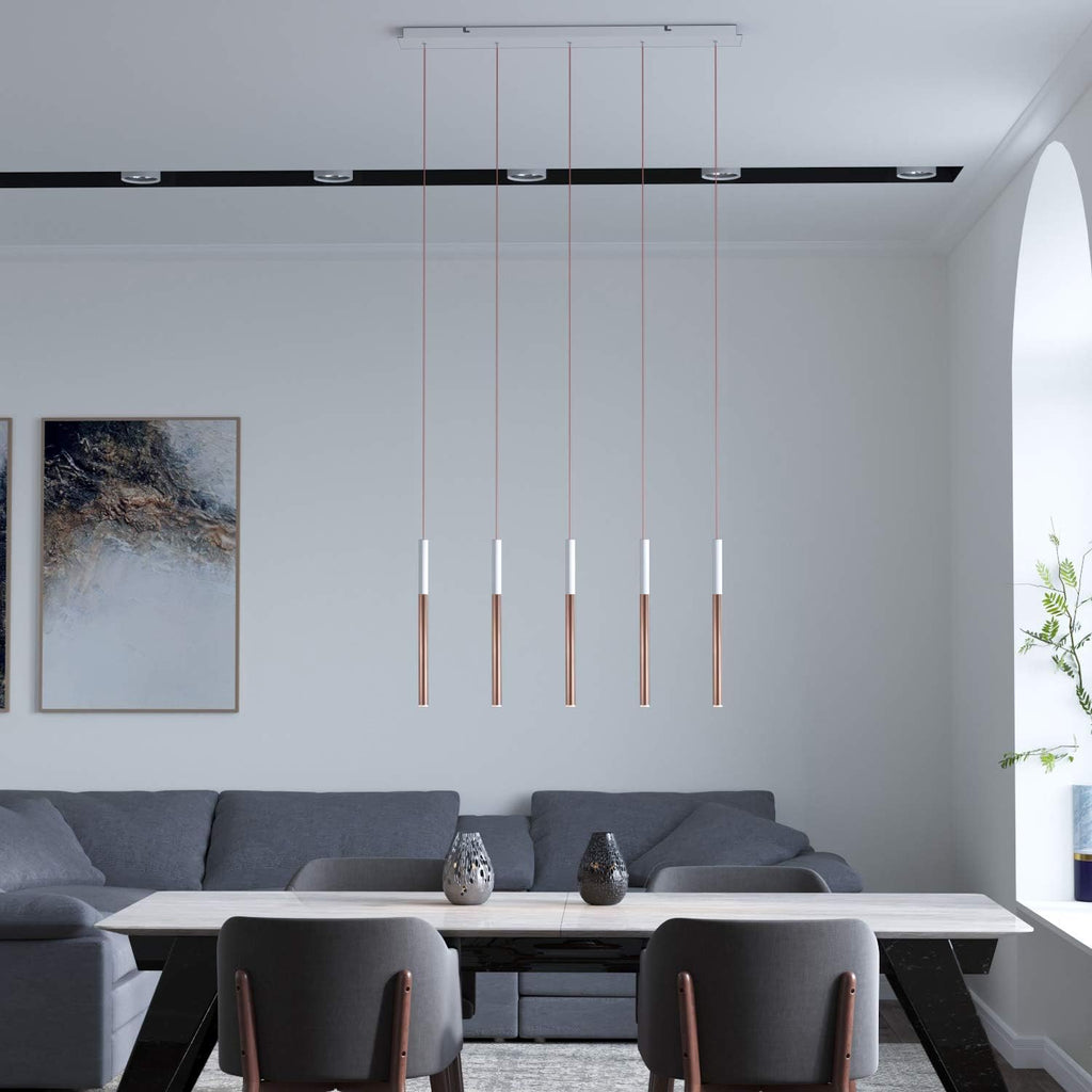 ALTAIR 5 Mini Pendant Lighting White-Copper - LED Hanging Light Fixture for Kitchen Island, Bar, Foyer - Cluster Pendants - Dimmable, Adjustable Wire, Lamp Bulb Included