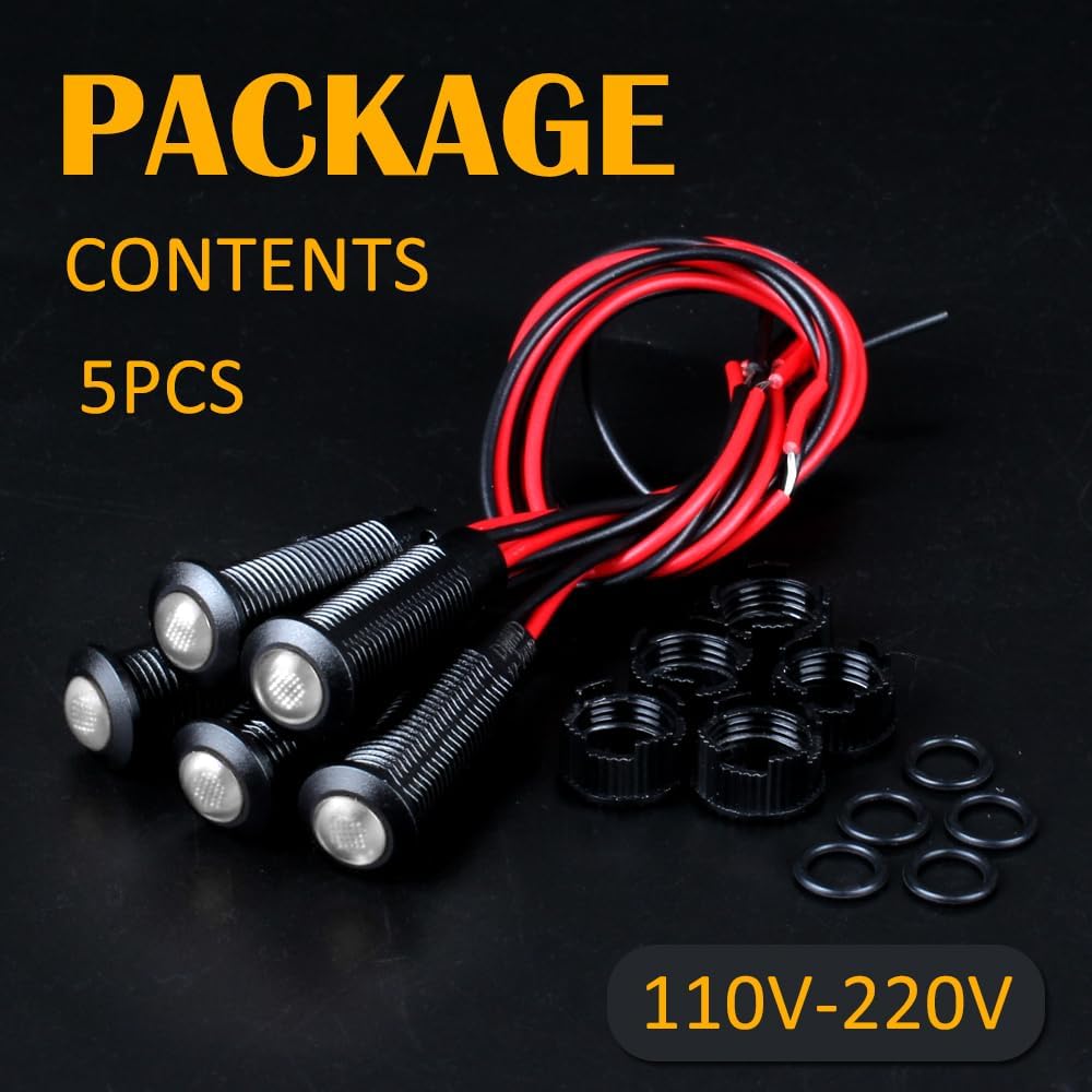5pcs 8mm LED Indicator Light Plastic Black Signal Dot Lamp 110-220VAC 5/16" Mounting Hole Size with 15cm/5.9in. Wire (White LED)