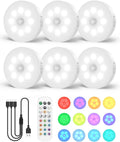 6-Pack RGB Rechargeable Puck Lights with Remote, 13 Color Motion Sensor Puck Lights, Magnetic Stick on Light, Dimmable Under Cabinet Lights for Shelf, Bedroom, Kitchen