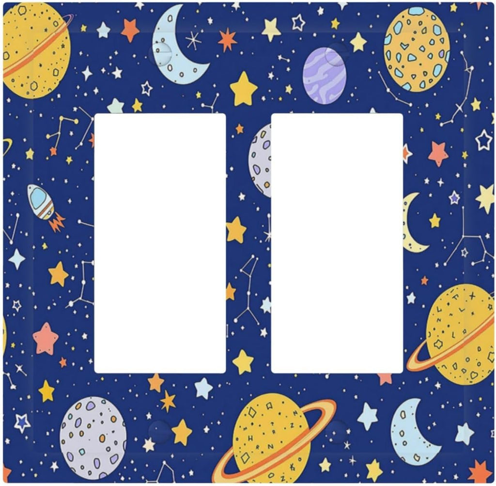 Stars Starry Night Sun Moon Planet Constellations Decorative Outlet Covers 2 Gang Double GFCI Rocker Light Switch Cover Plate Electrical Wall Panels for Bedroom Bathroom Decor