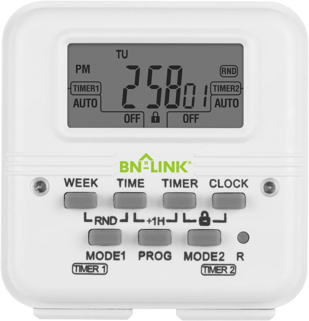 BN-LINK Indoor Digital Light Timer, 7 Day Programmable Plug with 2 Independent 3-Prong Outlets, for Lamps, Fans, 2 On/Off Settings, 1 Pack, 15A/1875W, ETL Listed