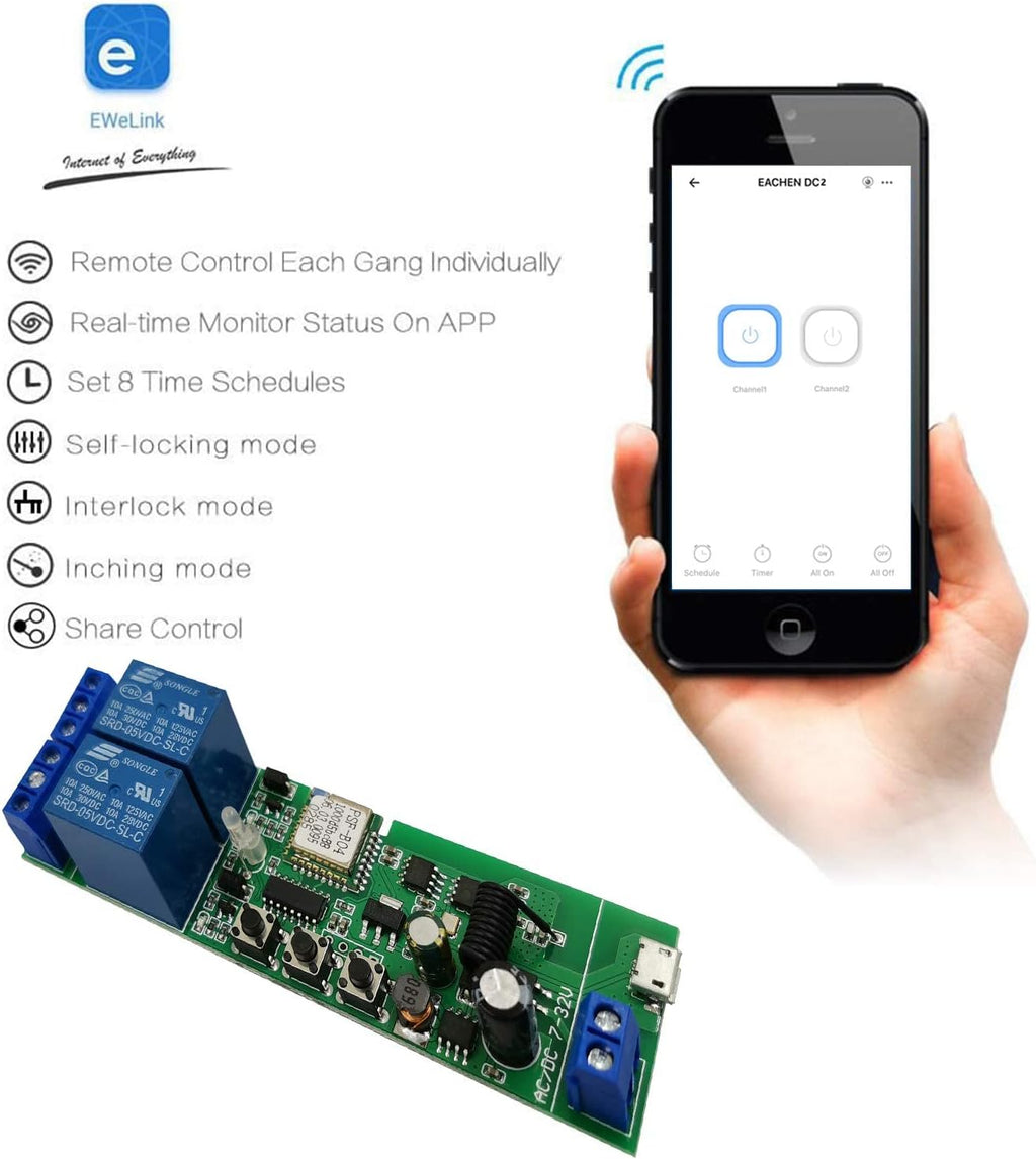 2-Channel Ewelink App Remote Control WiFi 433MHz RF Wireless Switch Relay, self-Locking, Interlock Mode, Used to Access and Control Smart Garage Doors, Compatible with Alexa Goolge