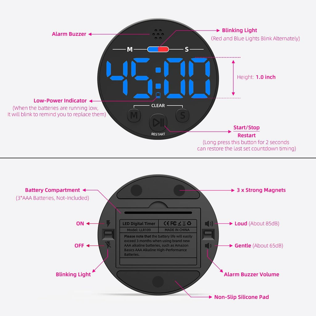 Large LED Digital Timer, Magnetic Countdown Loud Timer for Kitchen Cooking, Classroom Whiteboard, Kids, Toddler, Game, Productivity, Focus, Work, Task, Office, Meeting – Small, Simple, Visual, Blue