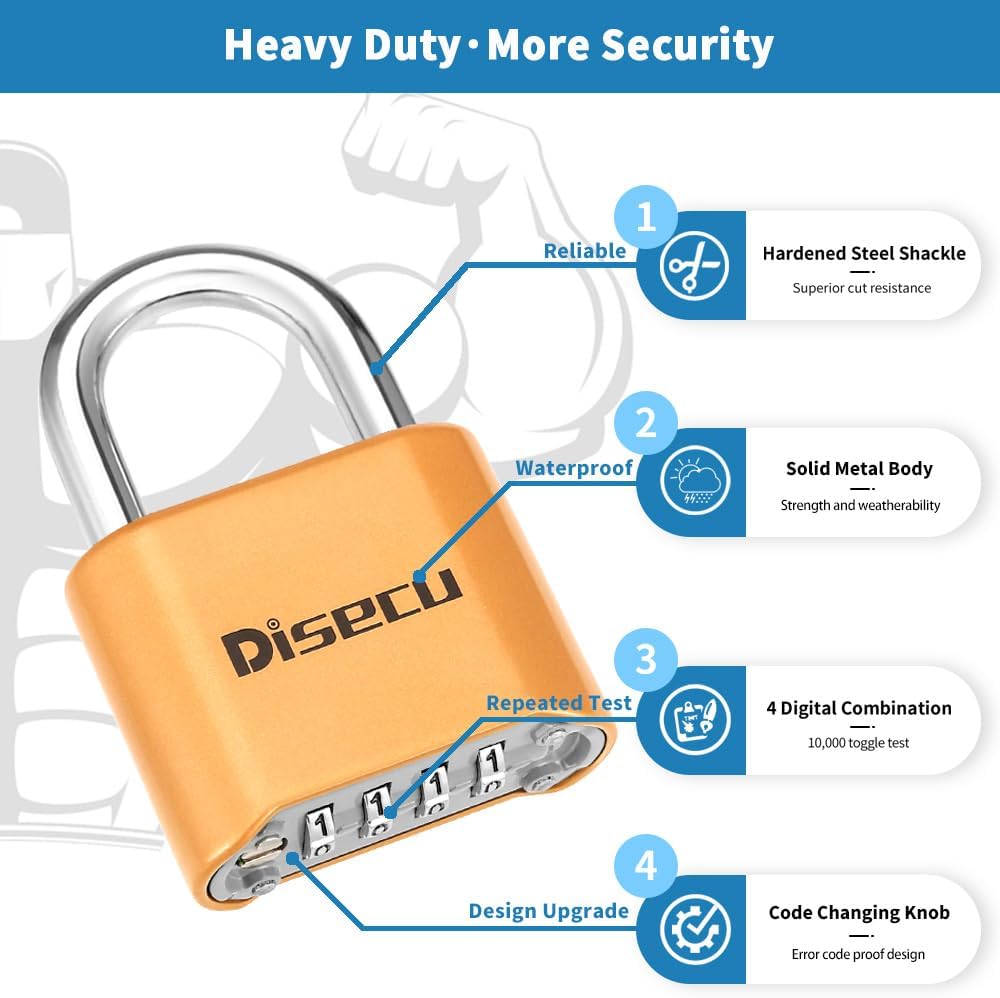 1 Pack disecu Heavy Duty 4 Digit Combination Lock, Anti-Error Feature, Outdoor Waterproof Padlock for School Gym Locker, Fence, Gate, Hasp Storage, Toolbox (Brass)