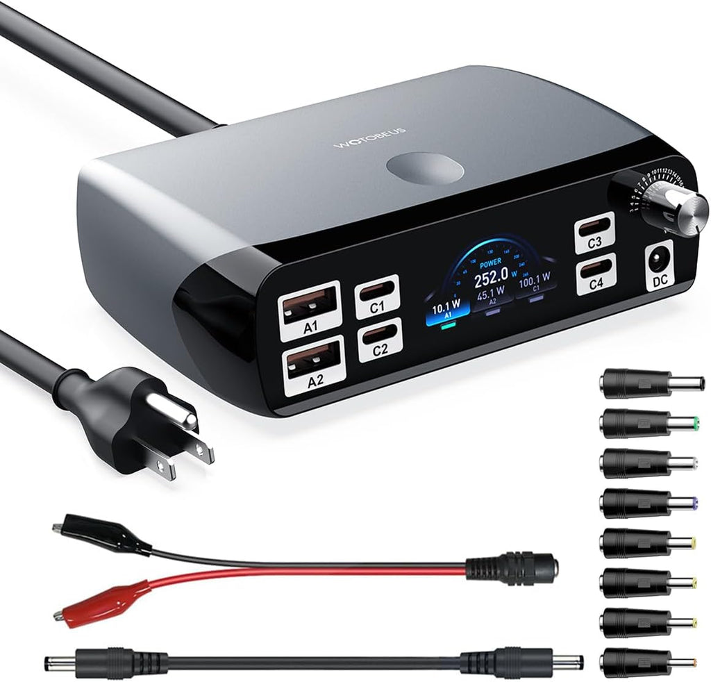 WOTOBEUS Charging Station (252W), 7-Ports (4 USB-C, 2 USB-A, 1 DC), Power Adapter with DC Power Supply Adjustable 3.3V~24.5V (0~60W) Converter and LED Display, for iPhone Laptops Monitor Electronics