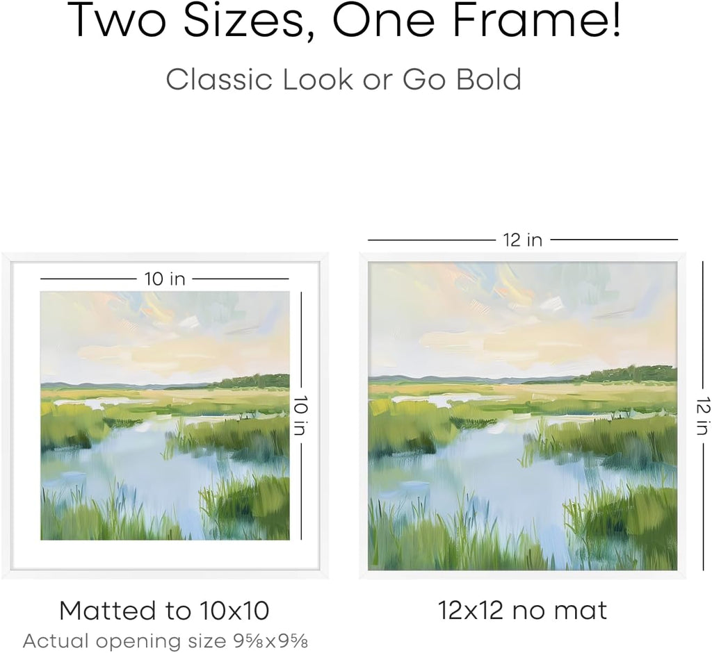 Homeforia White 12x12 Picture Frames, High End Metal 12 x 12 Square Poster Frame with Mat 10 x 10 Photo, 12x12 White Frame Matted to 10x10 Print, 12by12 Thin Frames, Tempered Glass, Wall Kit, Set of 1
