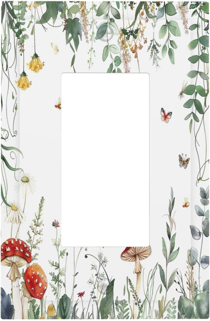 Decorative Outlet Covers Sage Plant Red Mushroom Butterfly Wild Flower 1 Gang Single Rocker Light Switch Cover Plate Wall Plates Gfci Faceplate For Bed Room Kids Room Decor