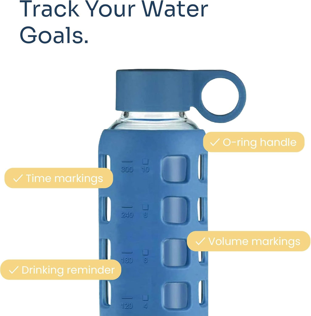 purifyou 40oz / 32oz / 22oz / 12oz Borosilicate Glass Water Bottle with Time & Volume Markers, Silicone Sleeve, Stainless Steel Lid | Reusable Glass Bottle for Water & Juice (12oz Chinese Porcelain)