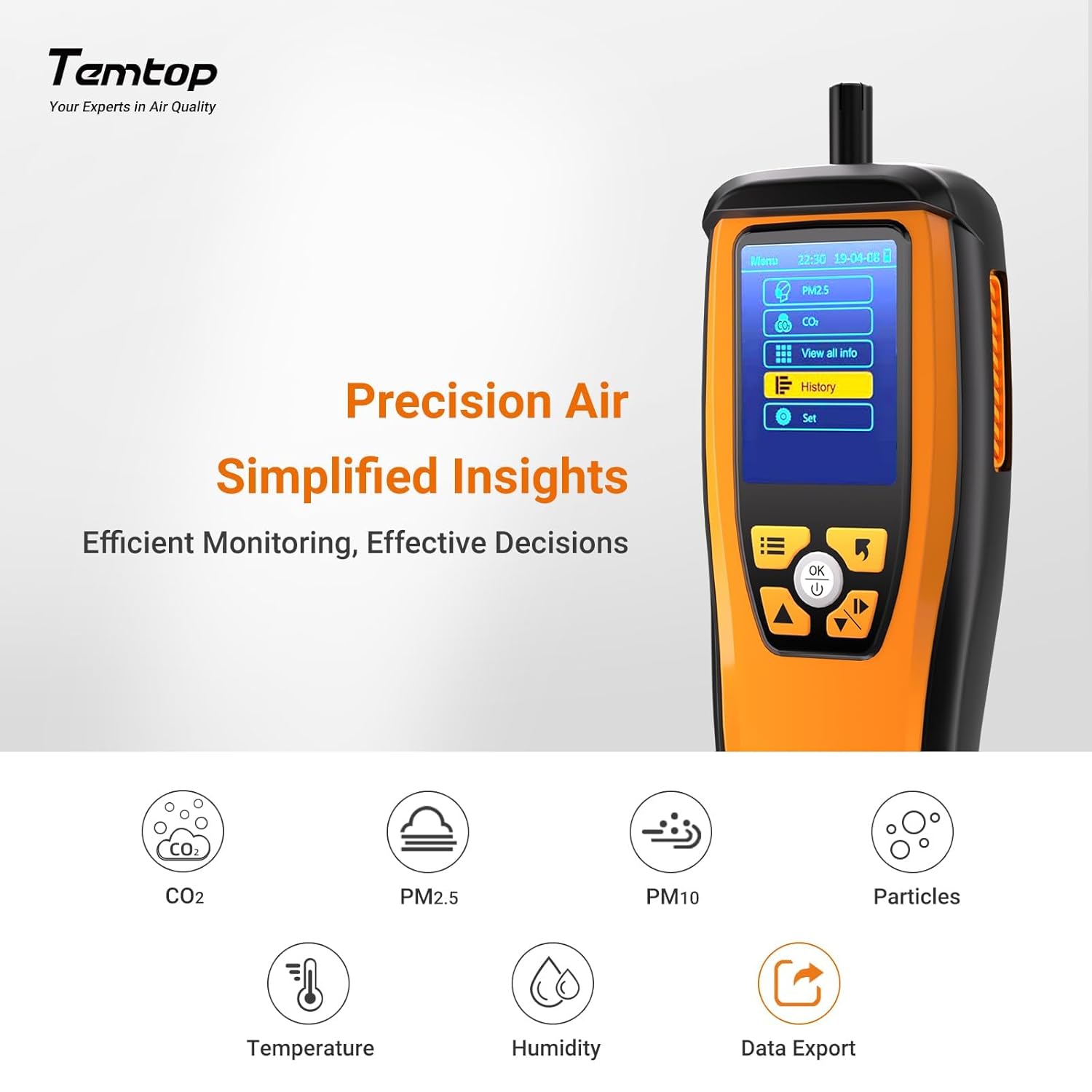 Temtop Advanced Air Quality Monitor for CO2, PM2.5, PM10, with Audio Alarm, Temp & Humidity Insights, Plus Data Export for in-Depth Analysis, M2000C 2ND