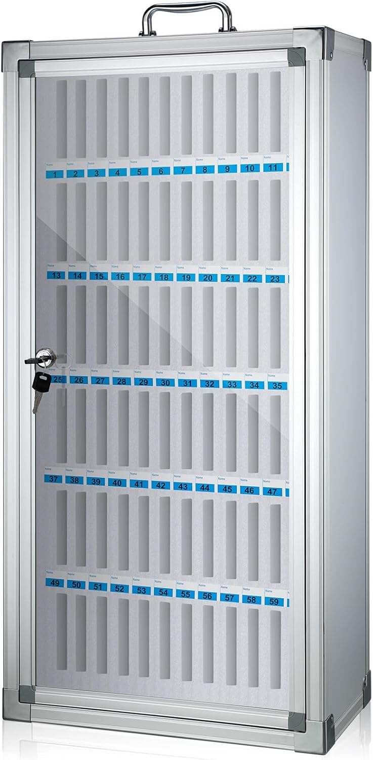 Amylove 72 Slots Cell Phone Locker Cabinet Aluminum Alloy Pocket Chart Storage Locker Box Cabinet Wall-Mounted Cell Phones Storage Box with Handle for Office Classroom Gym (White)