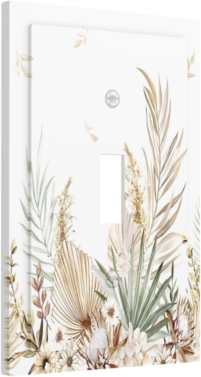 Decorative Light Switch Cover Boho Leaves Watercolor Tan Leaf Floral Plant 1 Gang Single Toggle Decorator Outlet Wall Plate Device Electrical Faceplate Switchplates for Bedroom Home Decor