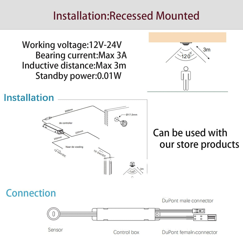 VST Motion Sensor Light Switch, IR Sensor Switch, Led Light Automatic Switch for Closet Light Under Cabinets Counters Wardrobes with 12V JST Male and Female (DC 12/24V 3A)