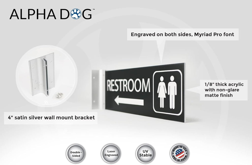 ALPHA DOG SIGNS Corridor Projecting Hallway Bathroom Sign, Left Arrow, 4"x12" Double Sided, Indoor/Outdoor, Easy Install, Durable Business Wayfinding Plaque, USA-Made (Black)
